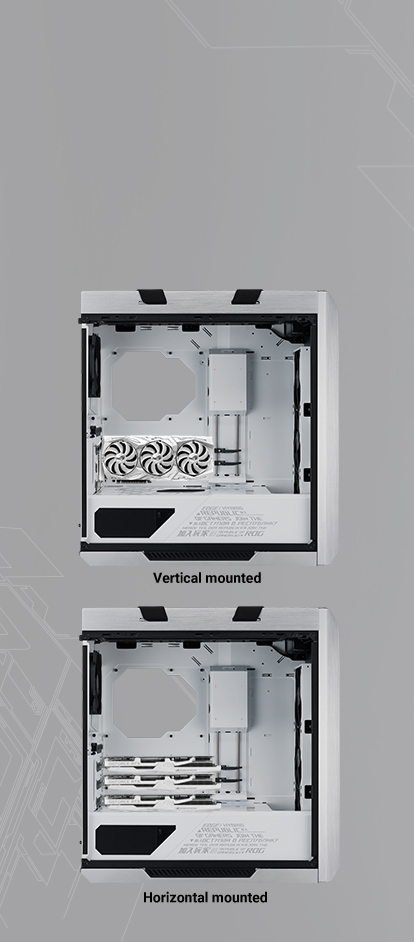 Graphics card placement demo in ROG Strix Helios White Edition with horizontal and vertical orientations